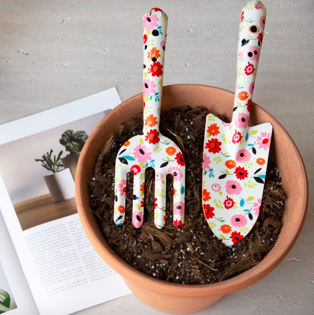 2-Piece Garden Tool Set(Hand Trowel and Hand Fork) - Colorful floral pattern