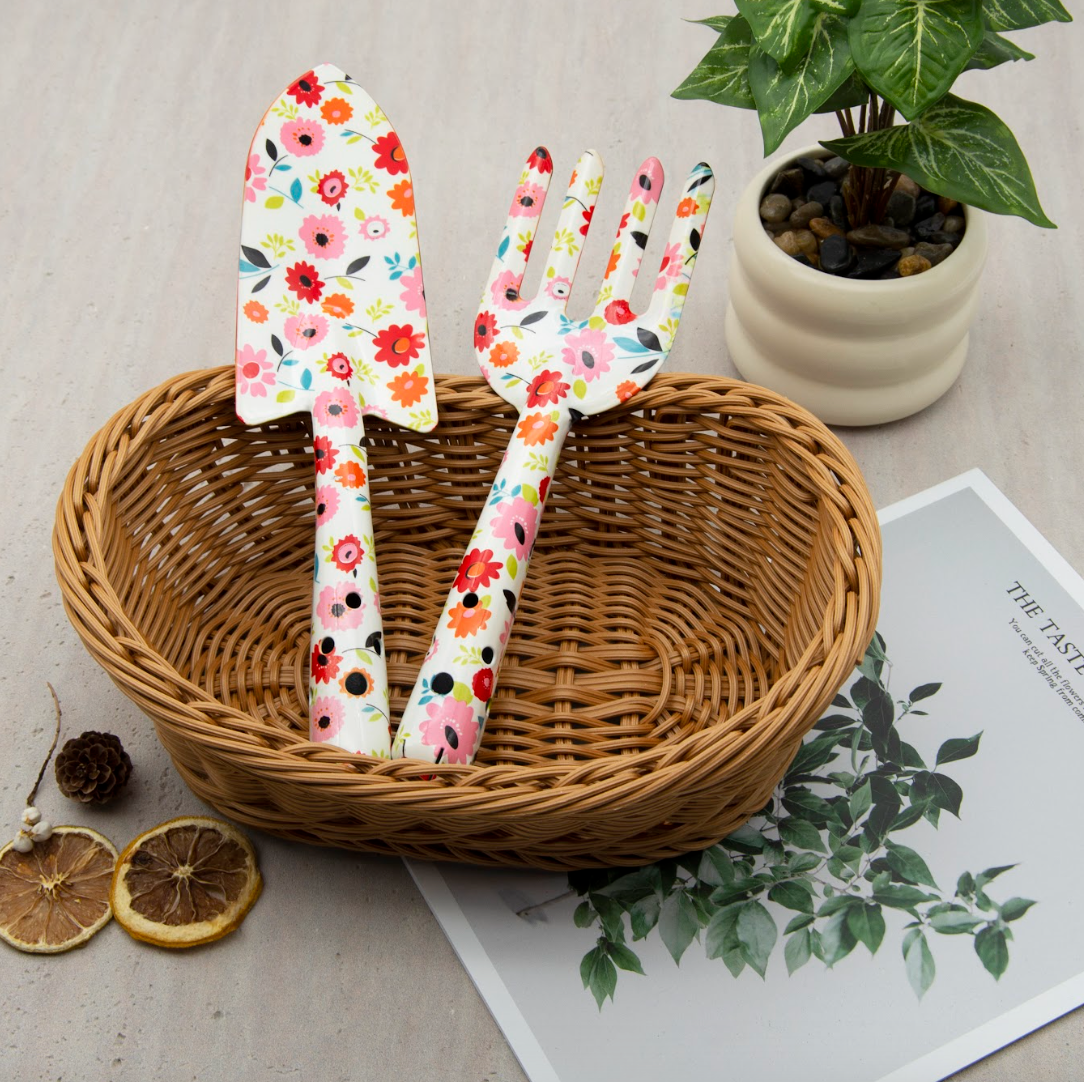 2-Piece Garden Tool Set(Hand Trowel and Hand Fork) - Colorful floral pattern