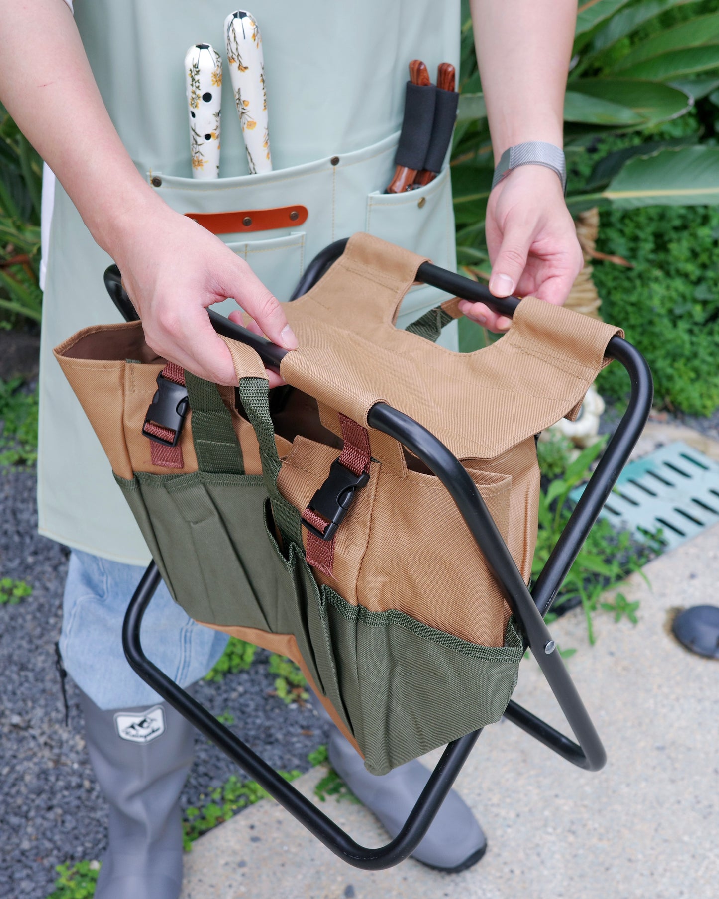 Gardener Folding Seat with Tools, Garden Stool with Detachable Storage Tote Bag