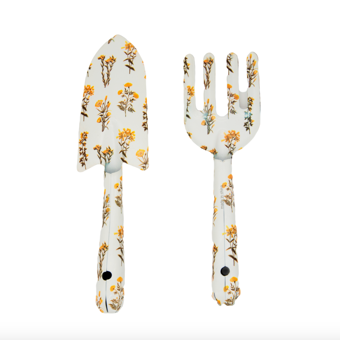 2-Piece Garden Tool Set(Hand Trowel and Hand Fork)  - Yellow flower pattern