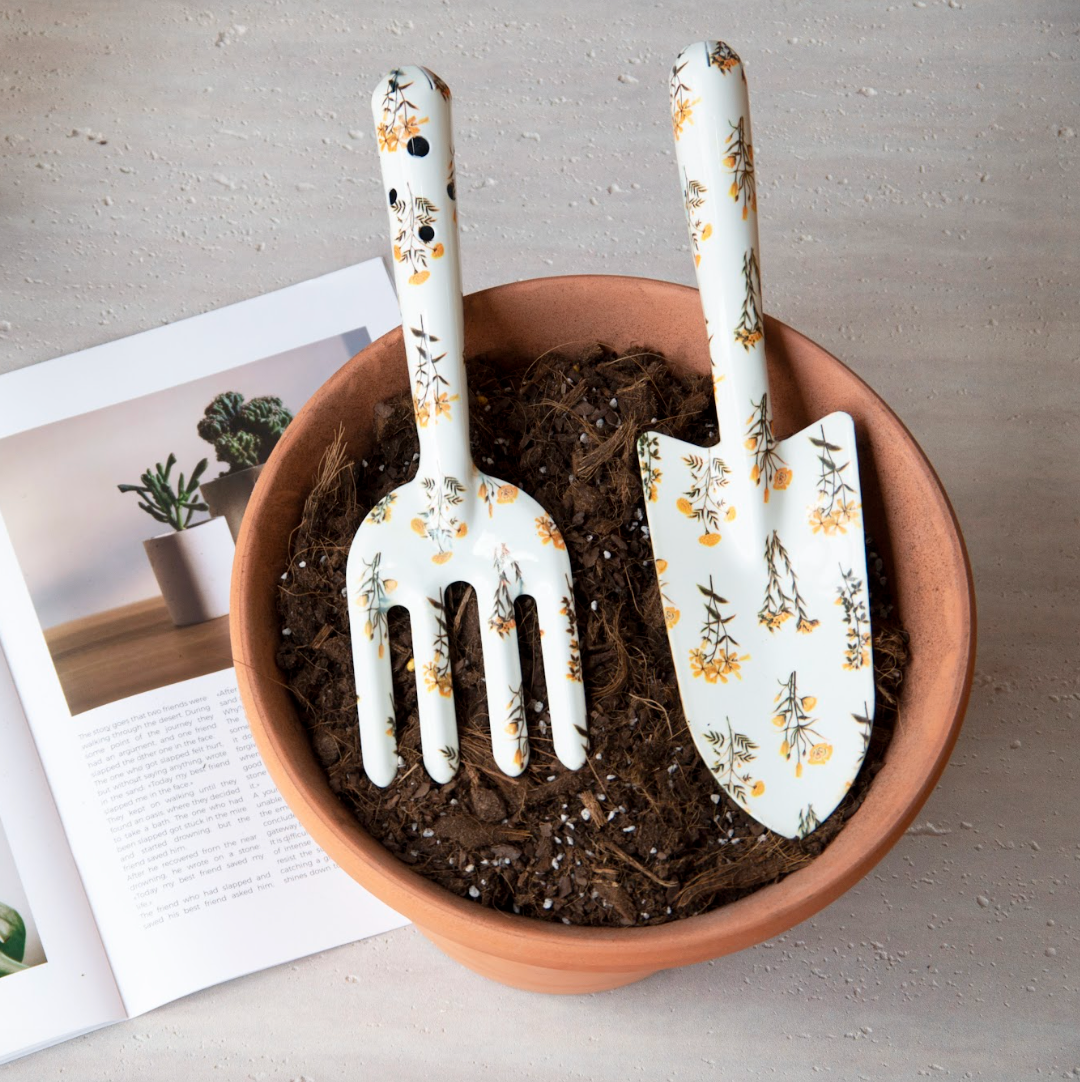 2-Piece Garden Tool Set(Hand Trowel and Hand Fork)  - Yellow flower pattern